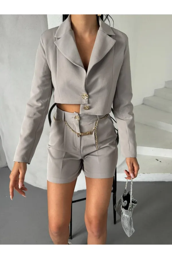 Zincir Kemer Ceket Şort Takım - Gri