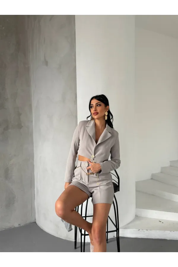 Zincir Kemer Ceket Şort Takım - Gri