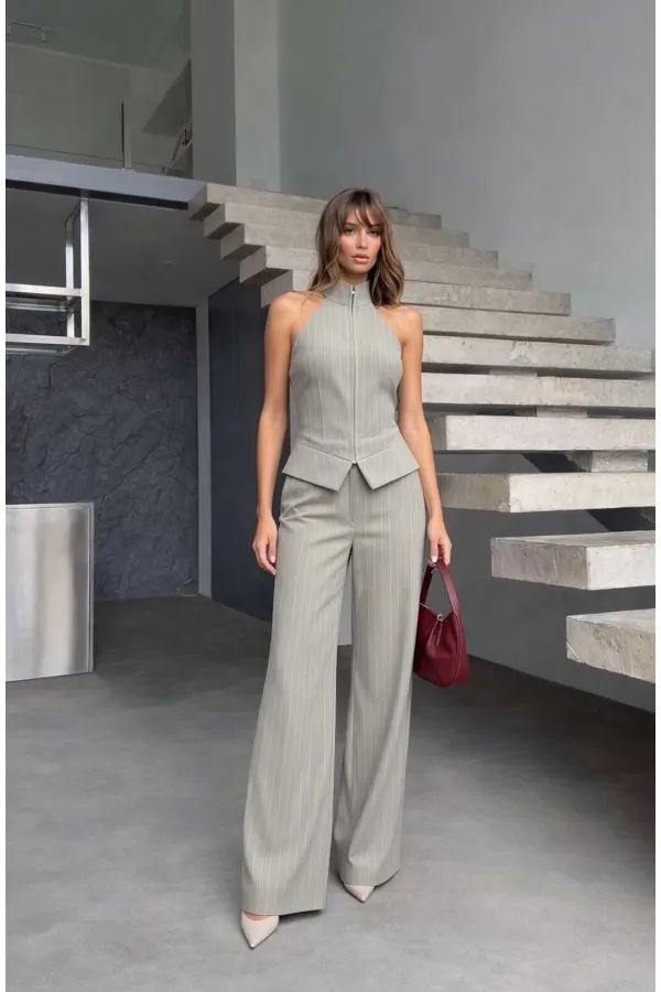 Fermuar Detay Kolsuz Çizgili Takım - Gri