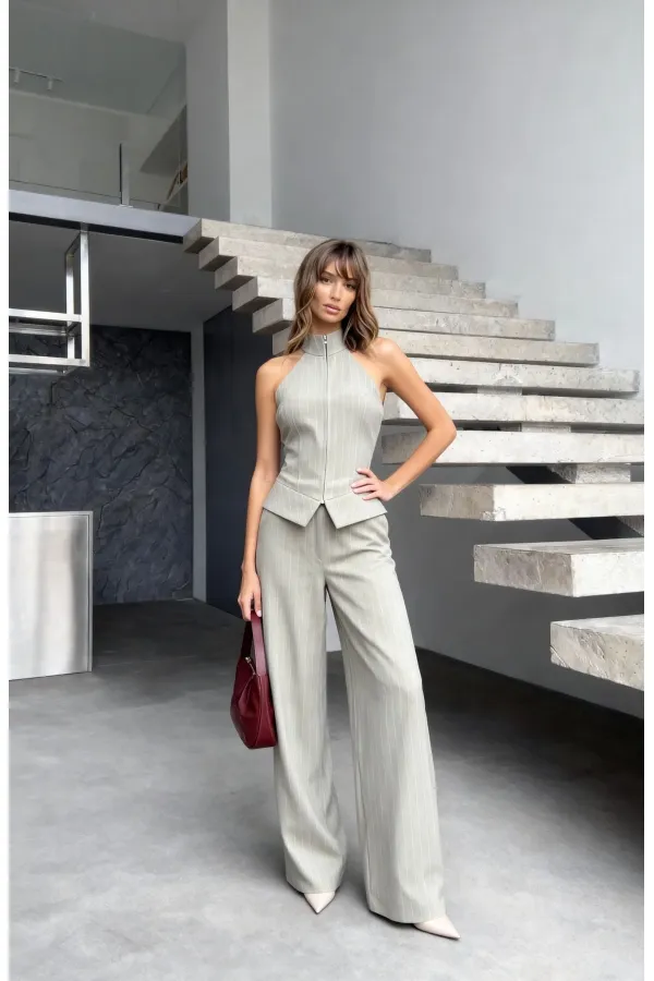 Fermuar Detay Kolsuz Çizgili Takım - Gri