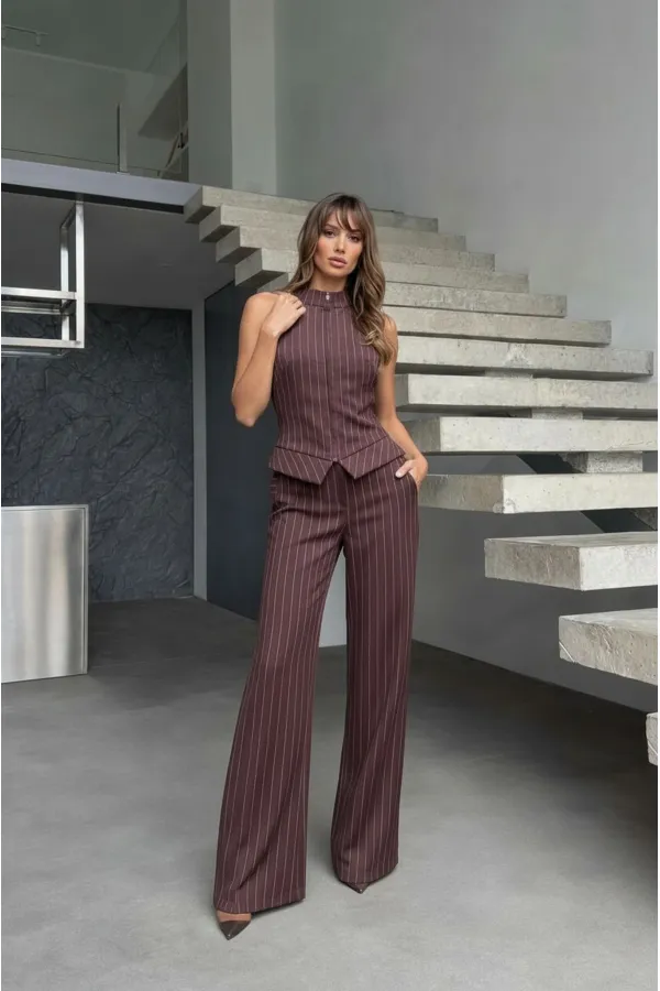 Fermuar Detay Kolsuz Çizgili Takım - Kahve