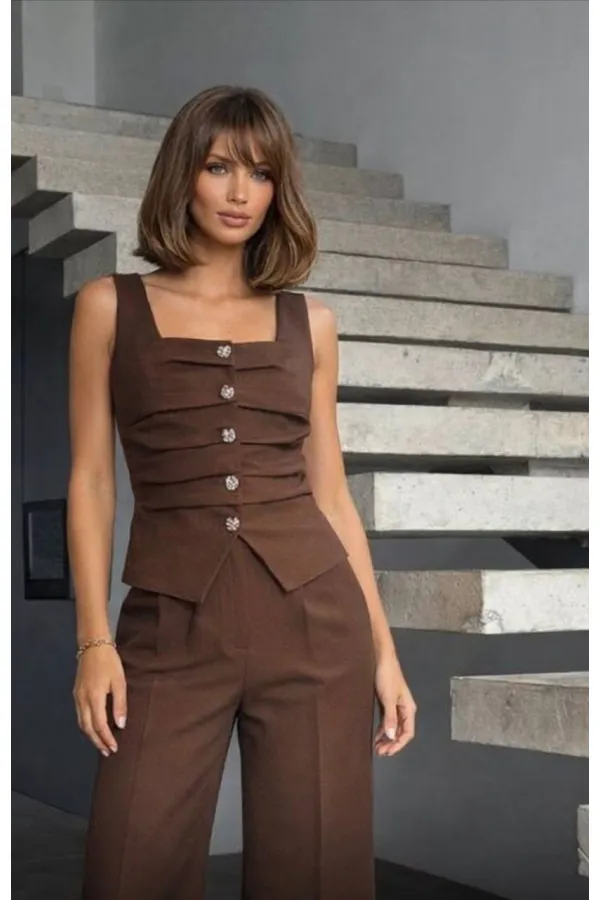 Ön Detay Yelek Pantolon Takım - Kahve