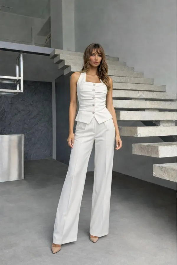 Ön Detay Yelek Pantolon Takım - Beyaz