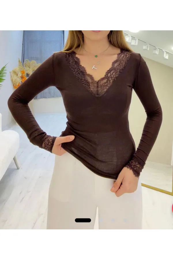 Dantel Detay Bluz - Kahverengi