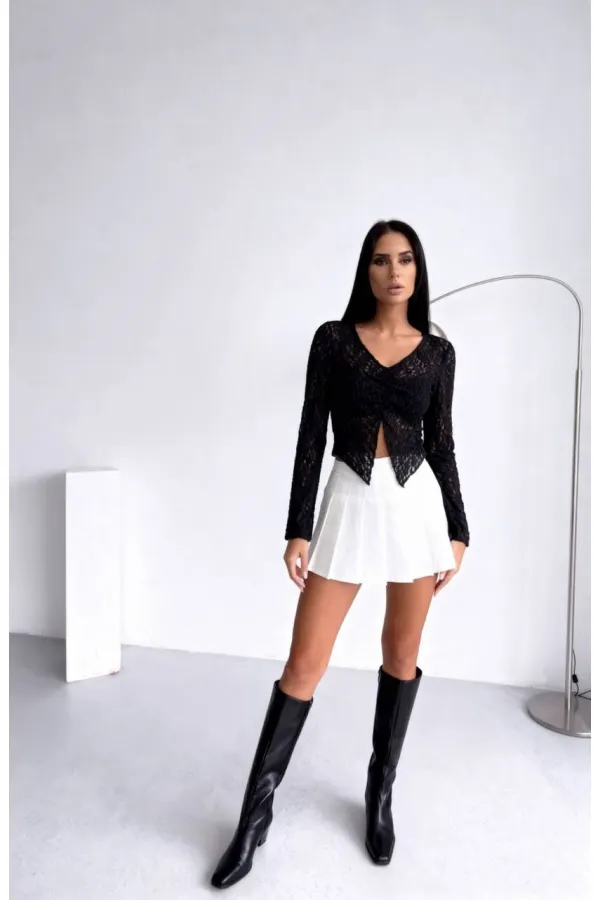 Ön Büzgülü Uzun Kol Dantel Bluz - Siyah