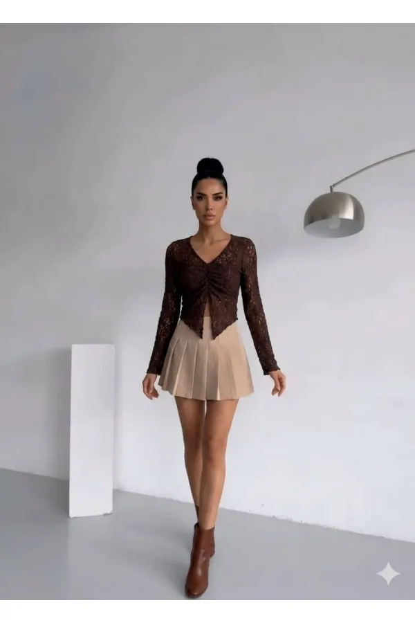 Ön Büzgülü Uzun Kol Dantel Bluz - Kahve