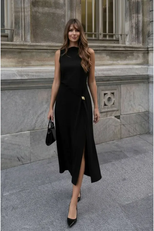 Toka Detay Elbise - Siyah