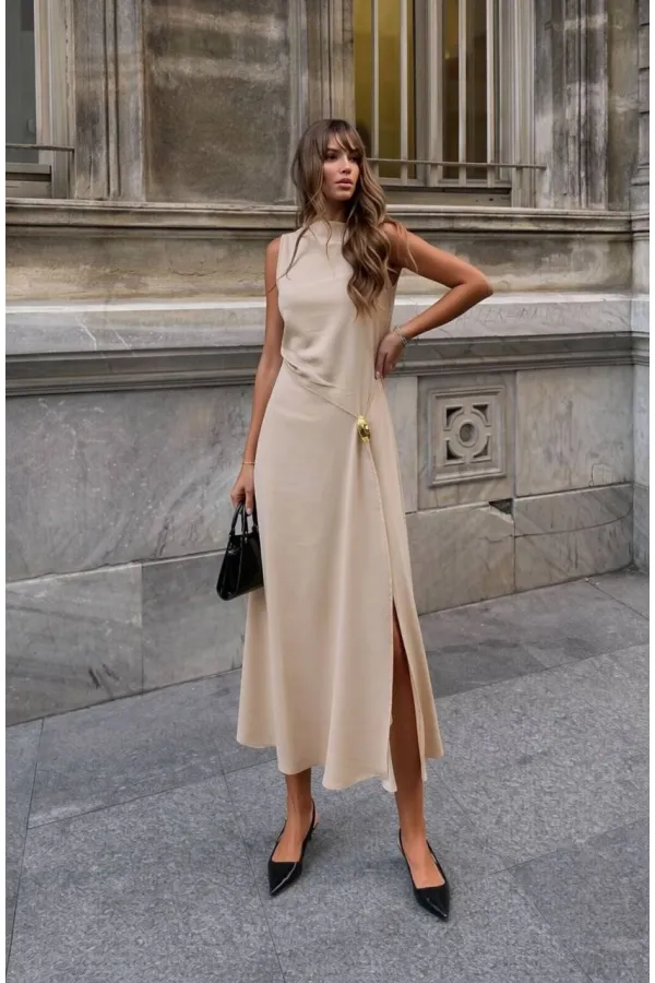 Toka Detay Elbise - Bej