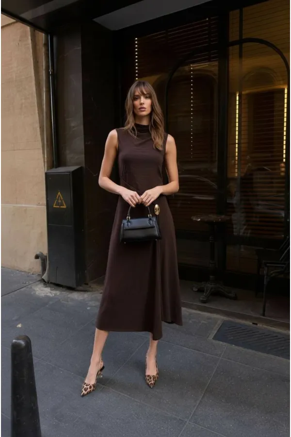 Toka Detay Elbise - Kahve
