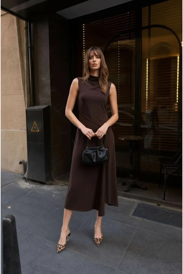 Toka Detay Elbise - Kahve