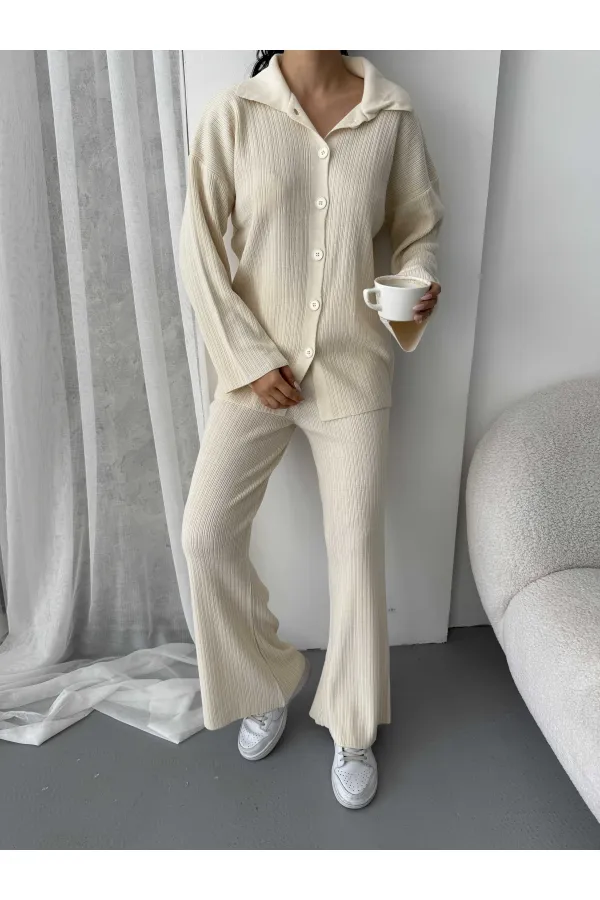 Ensemble hijab rayé en maille décontractée 1554 - Os