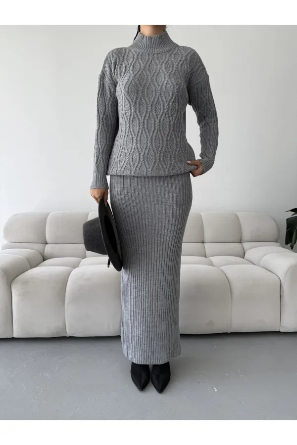 Skirt Sweater Knitwear Set 1557 - Gray