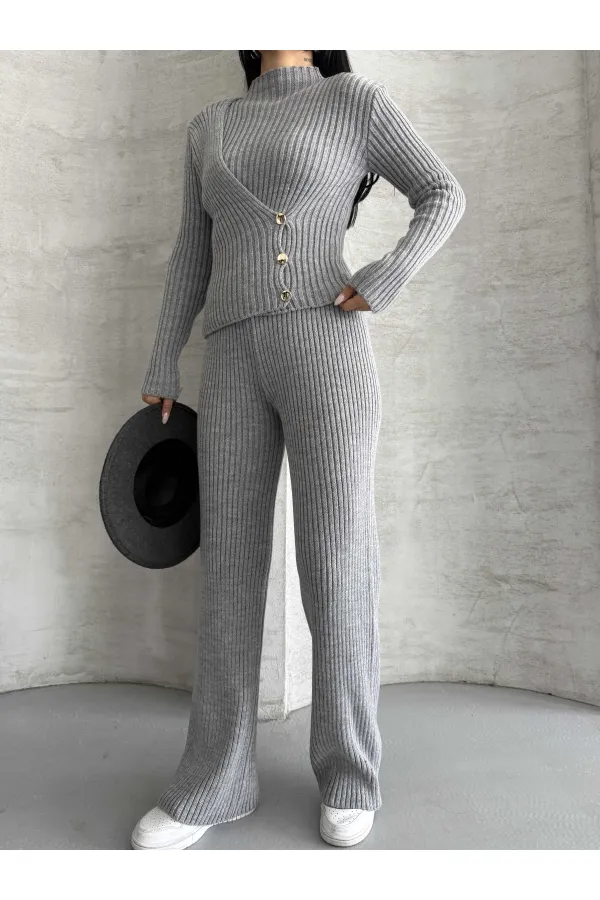 Yan Düğme Detay Triko Takım 1563 - Gri