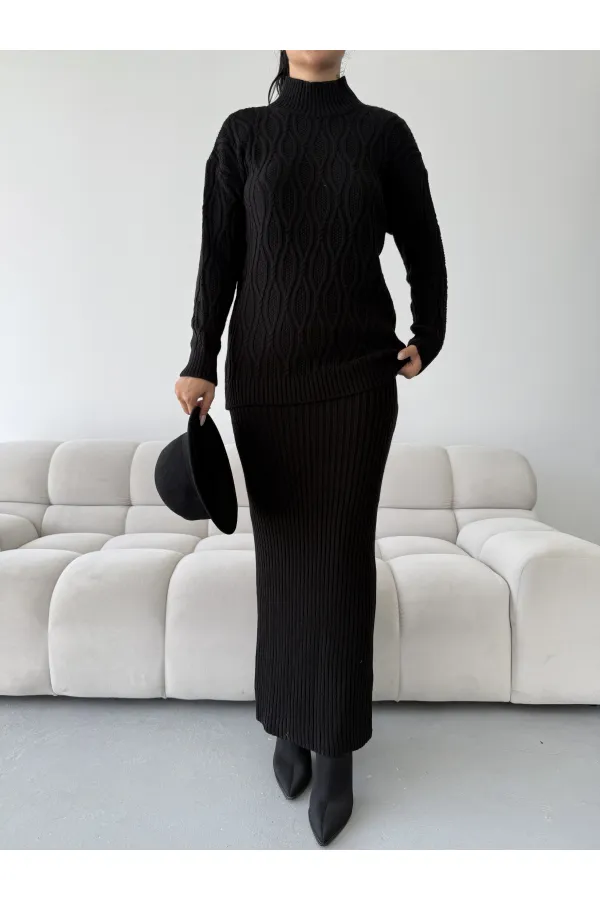 Skirt Sweater Knitwear Set 1557 - Black
