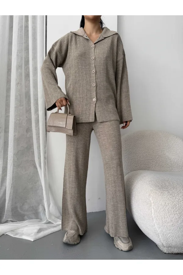 Çizgili Gündelik Triko Tesettür Takım 1554 - Bej