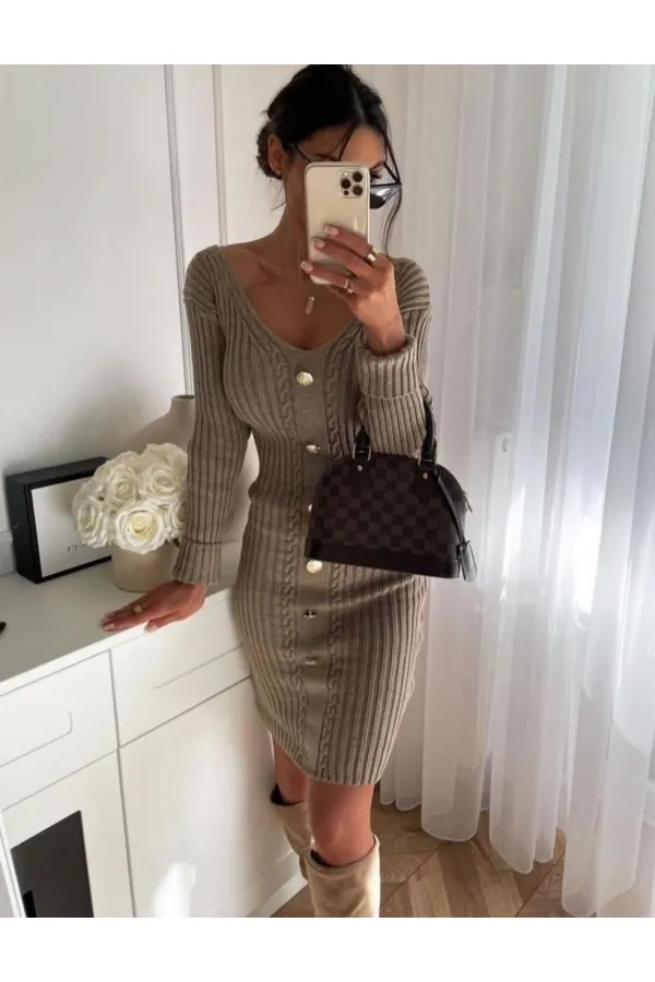 Düğme Detay Triko Elbise 877 - Vizon