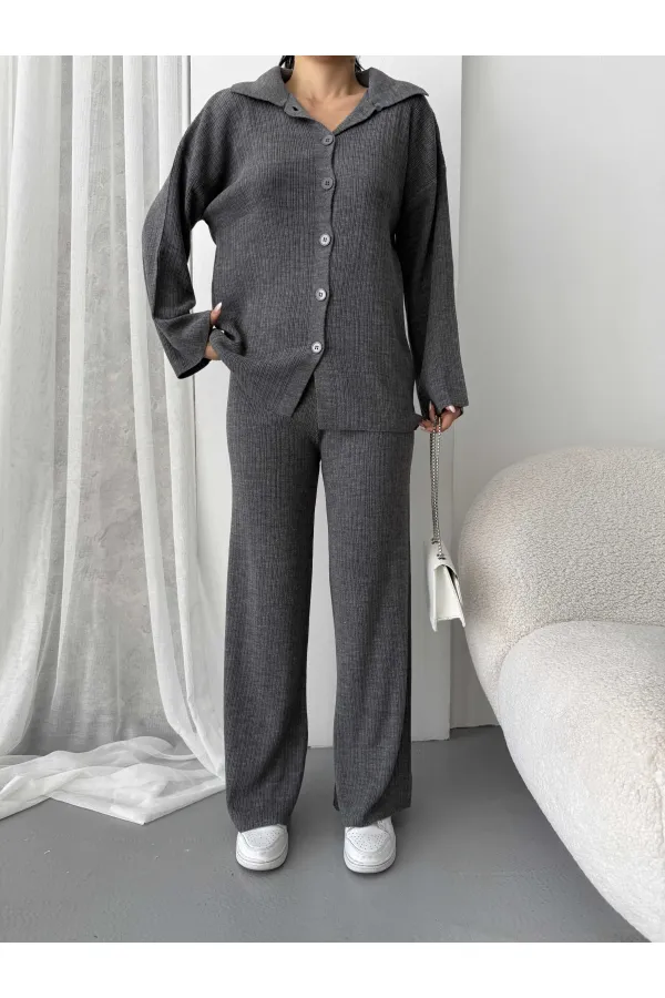 Ensemble hijab rayé en maille décontractée 1554 - Anthracite