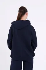 Lacivert Kanguru Cepli Kapüşonlu Fermuarlı Oversize Kadın Sweatshirt