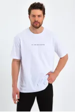 Erkek Beyaz Baskılı Basic Oversize Bisiklet Yaka Kısa Kollu T-shirt