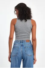 Kadın Gri Fitilli Görünümlü Askılı Kalın Esnek Örme Basic Crop Atlet