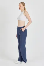 Pantalon de survêtement indigo côtelé à jambes larges et taille haute avec poches pour femme
