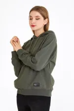 Women's Khaki Color Hooded Basic Knitted Sweatshirt