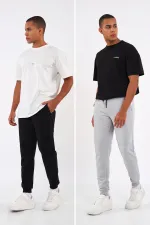 Sİyah-Gri Erkek Paçası Lastikli 2'li Eşofman Altı