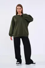 Sweat-shirt basique oversize en coton kaki pour femme, col rond.