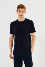 T-shirt homme à col rond, 100 % coton, détails brodés, bleu marine basique MTLCE89