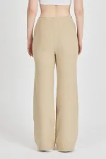 Bej Fitilli Geniş Paça Kaşkorse Yüksek Bel Cepli Kadın Eşofman Altı