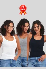 Kadın Siyah-Beyaz-Gri Fitilli Görünümlü Askılı Kalın 3'lü Basic Atlet