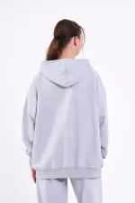 Gri Kanguru Cepli Kapüşonlu Fermuarlı Oversize Kadın Sweatshirt
