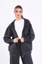 Ensemble de survêtement oversize à capuche pour femme, coupe classique anthracite, taille élastique, style saisonnier (haut et bas)