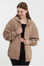 Kadın Kanguru Cepli Kapüşonlu Fermuarlı İçi Polarlı Hırka