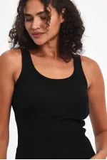 Kadın Siyah Fitilli Görünümlü Askılı Kalın Basic Atlet Bluz