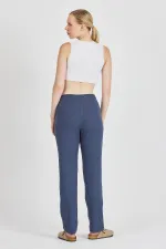 Pantalon de survêtement femme en coton côtelé indigo, jambes larges, coupe slim, taille haute