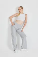 Pantalon de survêtement gris côtelé à jambes larges et taille haute avec poches pour femme
