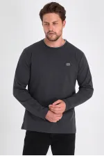 Sweat-shirt homme anthracite à col rond double et imprimé, coupe décontractée standard