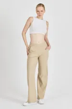 Bej Fitilli Geniş Paça Kaşkorse Yüksek Bel Cepli Kadın Eşofman Altı