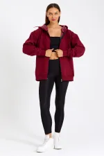 Kadın Kanguru Cepli Kapüşonlu Fermuarlı İçi Polarlı Hırka