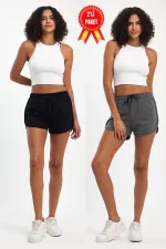 Kadın Yırtmaçlı Mevsimlik Premium Kumaş Regular Fit İpli Siyah-Gri Kısa Mini Şort