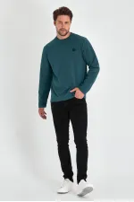 Men's Petroleum Double Crew Neck Print Detail Standard Relaxed Fit Sweatshirt
