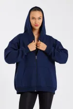 Kadın Kanguru Cepli Kapüşonlu Fermuarlı İçi Polarlı Hırka