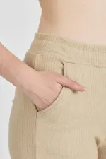 Bej Fitilli Geniş Paça Kaşkorse Yüksek Bel Cepli Kadın Eşofman Altı