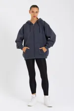 Kadın Kanguru Cepli Kapüşonlu Fermuarlı İçi Polarlı Hırka