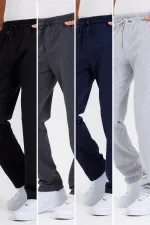 Siyah-Antrasit-Lacivert-Gri Arka Cepli Etiket Detaylı Düz Paça Erkek Içi Pamuklu 4'lü  Eşofman Altı