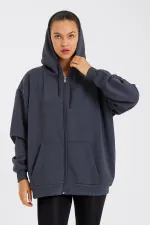 Kadın Kanguru Cepli Kapüşonlu Fermuarlı İçi Polarlı Hırka