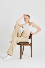 Bej Fitilli Geniş Paça Kaşkorse Yüksek Bel Cepli Kadın Eşofman Altı