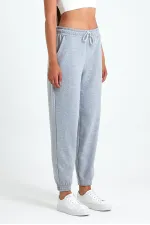 Kadın Gri Pamuklu Kalın Paçası Lastikli Yüksek Bel Rahat Jogger Eşofman Altı