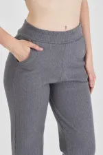 Füme Fitilli Geniş Paça Kaşkorse Yüksek Bel Cepli Kadın Eşofman Altı